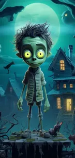 Cartoon zombie in eerie moonlit scene with haunted house.