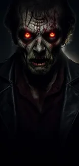 Zombie with glowing red eyes in a dark, eerie mobile wallpaper.