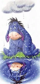 Eeyore sitting in the rain, reflected in water.