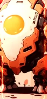 Orange robot with egg design and fiery accents on a wallpaper.