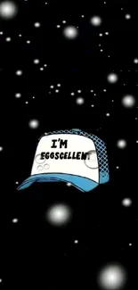 Playful 'I'm Eggscellent' hat amid stars on a black background.