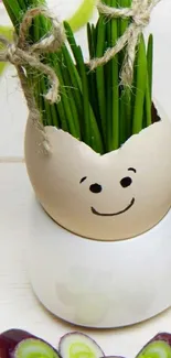 Eggshell planter with smiling face filled with green chives.