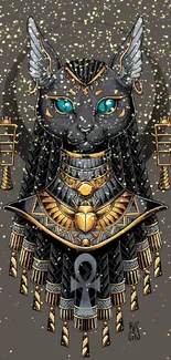 Egyptian cat-themed wallpaper with gold accents and blue eyes.