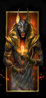 Anubis, the Egyptian god, with glowing orange flame and dark background.