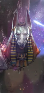 Artistic depiction of Egyptian jackal deity with cosmic background.