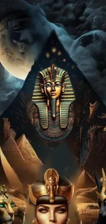 Mystical Egyptian art with pyramids and pharaohs under a moonlit sky.