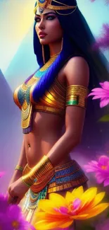 Fantasy art of Egyptian princess with colorful flowers and pyramids.