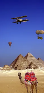 Surreal art of pyramids with camel and plane under a blue sky.