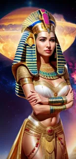 Egyptian queen in cosmic setting with golden attire and celestial backdrop.