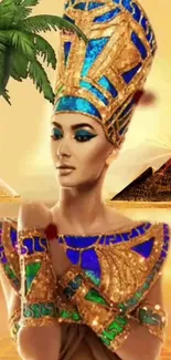 Egyptian queen with pyramids and palm trees in vibrant colors.