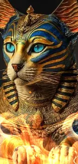 Regal Egyptian sphinx cat in gold and blue with intricate design elements.