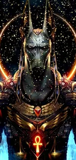 Anubis-like figure in detailed armor with dark background.