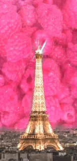 Eiffel Tower over vibrant pink raspberry background.