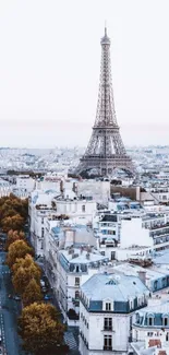 Aerial view of the Eiffel Tower with surrounding Parisian cityscape.