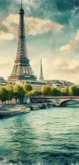 Artistic Eiffel Tower wallpaper with Seine River in watercolor style.