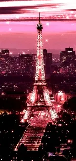 Illuminated Eiffel Tower against the city skyline at dusk with pink hues.