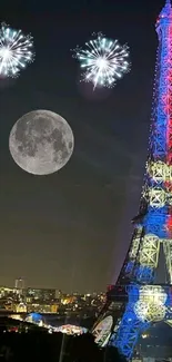 Eiffel Tower lit up at night with fireworks and moon in the background.