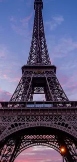 Eiffel Tower with colorful sunset sky in Paris, featuring purple and pink hues.