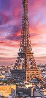 Eiffel Tower in Paris at sunset with a vibrant purple and pink sky.