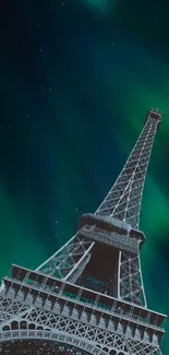 Eiffel Tower under a vibrant green aurora display.