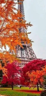 Eiffel Tower with vibrant autumn foliage in Paris, showcasing fall colors.