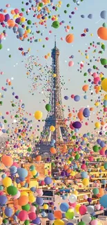 Eiffel Tower with vibrant balloons against a Paris skyline.