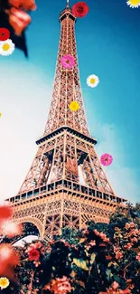 Eiffel Tower with vibrant spring blooms against a blue sky.