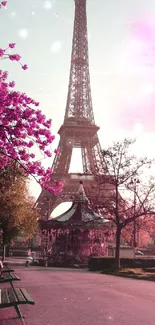 Eiffel Tower with pink blossoms and benches under a pastel sky.