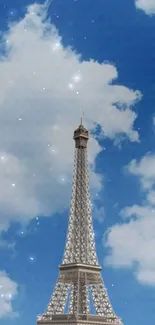 Eiffel Tower under a cloudy blue sky.