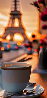 A coffee cup with Eiffel Tower backdrop at sunset.