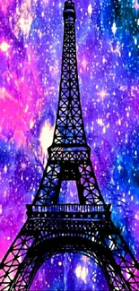 Eiffel Tower with a vibrant cosmic galaxy background in purple hues