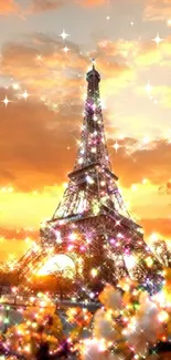 Eiffel Tower sparkles at sunset with vibrant golden hues.