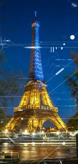 Digital Eiffel Tower at night with futuristic embellishments.