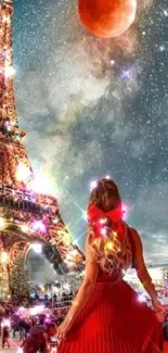 Eiffel Tower under starry sky with blood moon and woman in red dress.