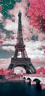 Dreamy Eiffel Tower with pink foliage and vibrant sky.