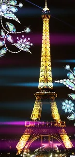 Illuminated Eiffel Tower with jeweled floral design mobile wallpaper.