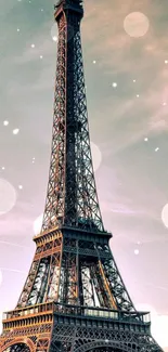 Eiffel Tower with dreamy soft lights glowing in the evening sky.