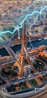 Aerial Eiffel Tower scene with electric lightning and cracked glass effect.