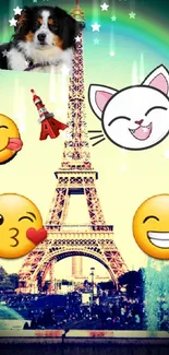 Fun Eiffel Tower wallpaper with emojis, dog, cat, and vibrant colors.