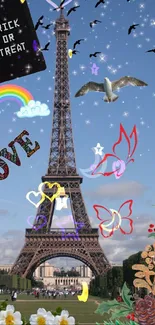 Eiffel Tower fantasy art with butterflies, birds, and vibrant elements.