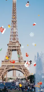 Festive Eiffel Tower wallpaper with holiday decorations.