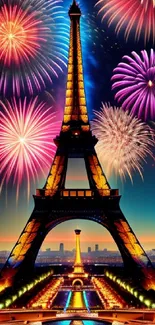 Eiffel Tower illuminated by vibrant fireworks against a nighttime Parisian skyline.