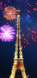 Eiffel Tower with vibrant fireworks display in Paris night sky.