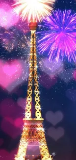 Eiffel Tower lit by fireworks and heart-shaped bokeh in Paris night skyline.