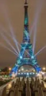 Illuminated Eiffel Tower against night sky in Paris, reflecting in nearby fountain.