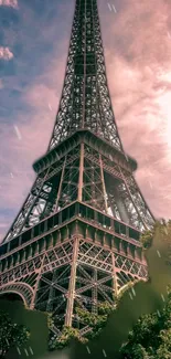 Eiffel Tower with pink sky background wallpaper.