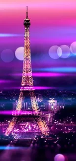 Eiffel Tower under purple and pink night sky, glowing lights in Paris.