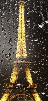 Illuminated Eiffel Tower through raindrops with dark background.