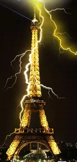 Eiffel Tower illuminated by lightning against a night sky.