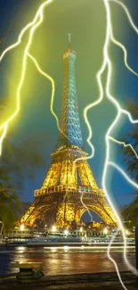 Eiffel Tower at night with lightning in vibrant colors